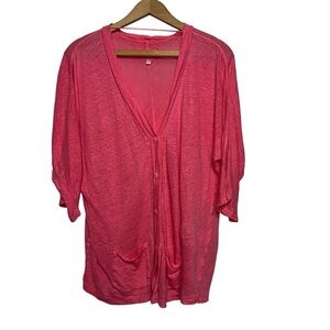 PETE & GRETA pink linen slub open front elbow sleeve lightweight cardigan